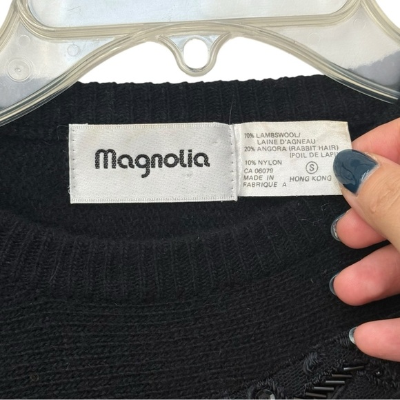 Vtg 80s Beaded Sequin Satin Lace Appliqué Sweater Small Black Lambswool Angora - Picture 4 of 6